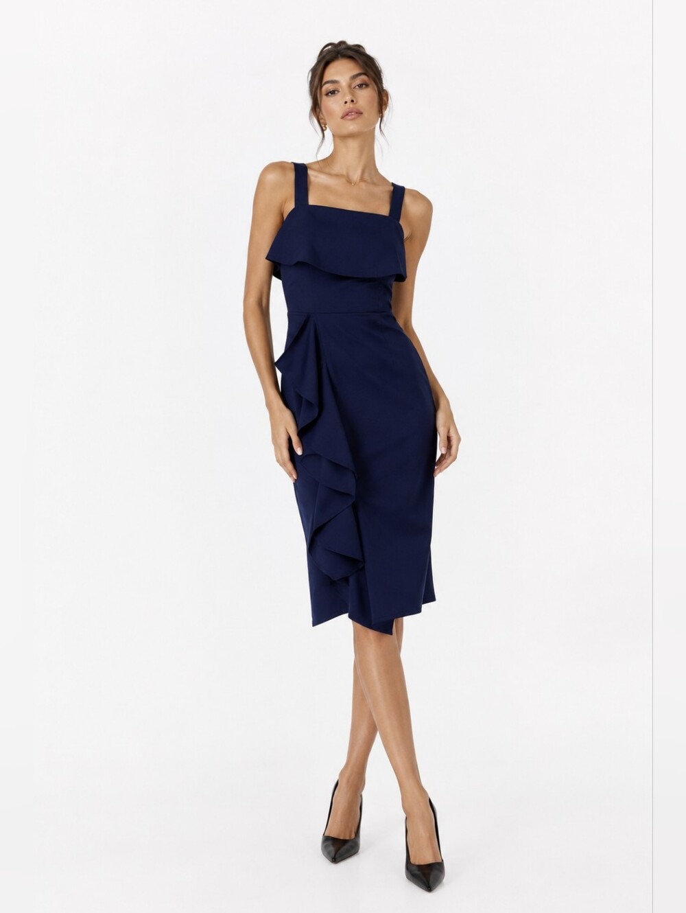 Adelyn Rae Navy Ruffle Midi Dress